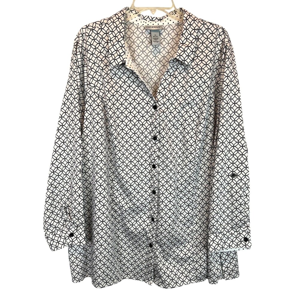 Catherines Button Front Shirt  Plus Size 3X  Black & White Roll-Tab Long Sleeve